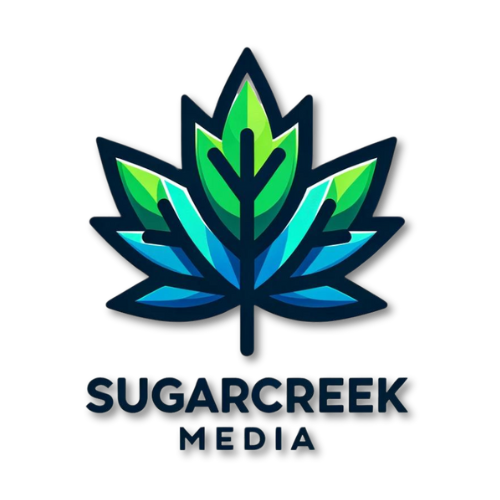 Sugarcreek Media logo depicting a stylized sugar maple leaf in vibrant shades of blue and green.