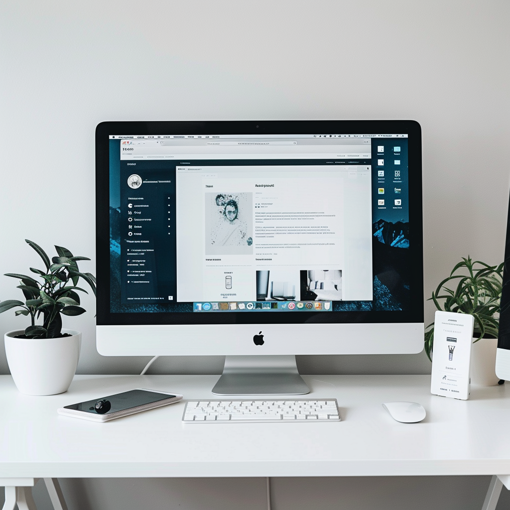 A modern iMac displaying a website on its screen, placed on a white desk surrounded by houseplants, a smartphone, and a mouse