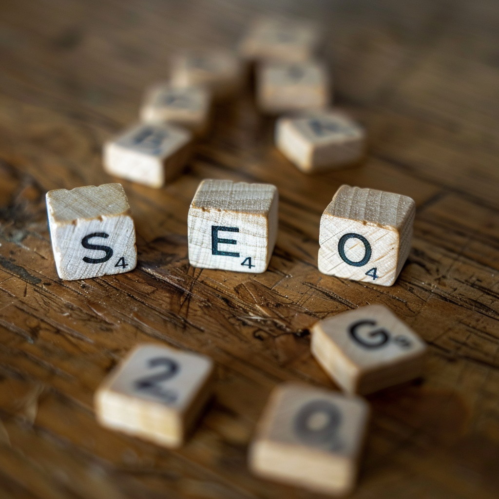 Three Scrabble tiles spelling out SEO on a textured wooden surface